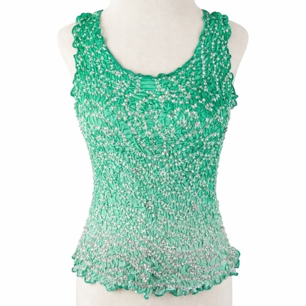 Chaudry KC Silk Sequin Tank Top Womens Small Green Boho Festival Y2K India NWT